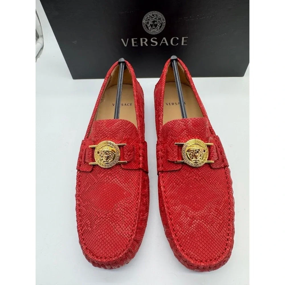 Versace Medusa Driver Loafers Red Python Print Nubuck Mens US 7.5 EU 39 NIB